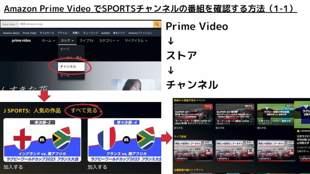 Amazon Prime Video でSPORTSチャンネルの番組を確認する方法（1-1）