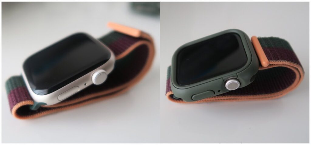 ノーマルApple Watch7とCrashGuardNX保護バンパーを装着したApple Watch7の比較