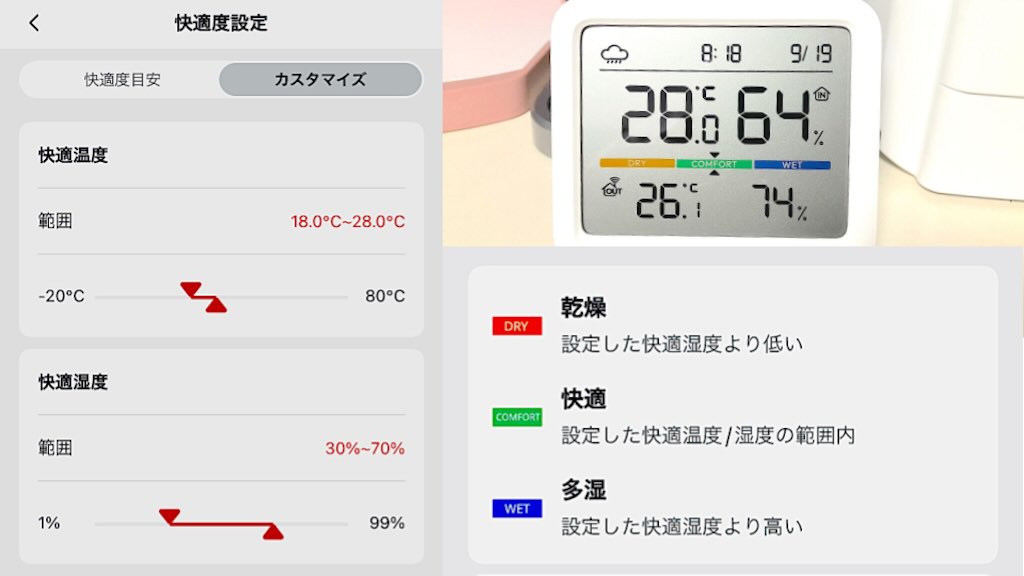 SwitchBot温湿度計Proの快適度設定と表示